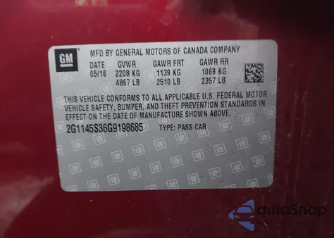 2016 Chevrolet Impala 2Lz из США, поврежденный, VIN 2G1145S36G9198685